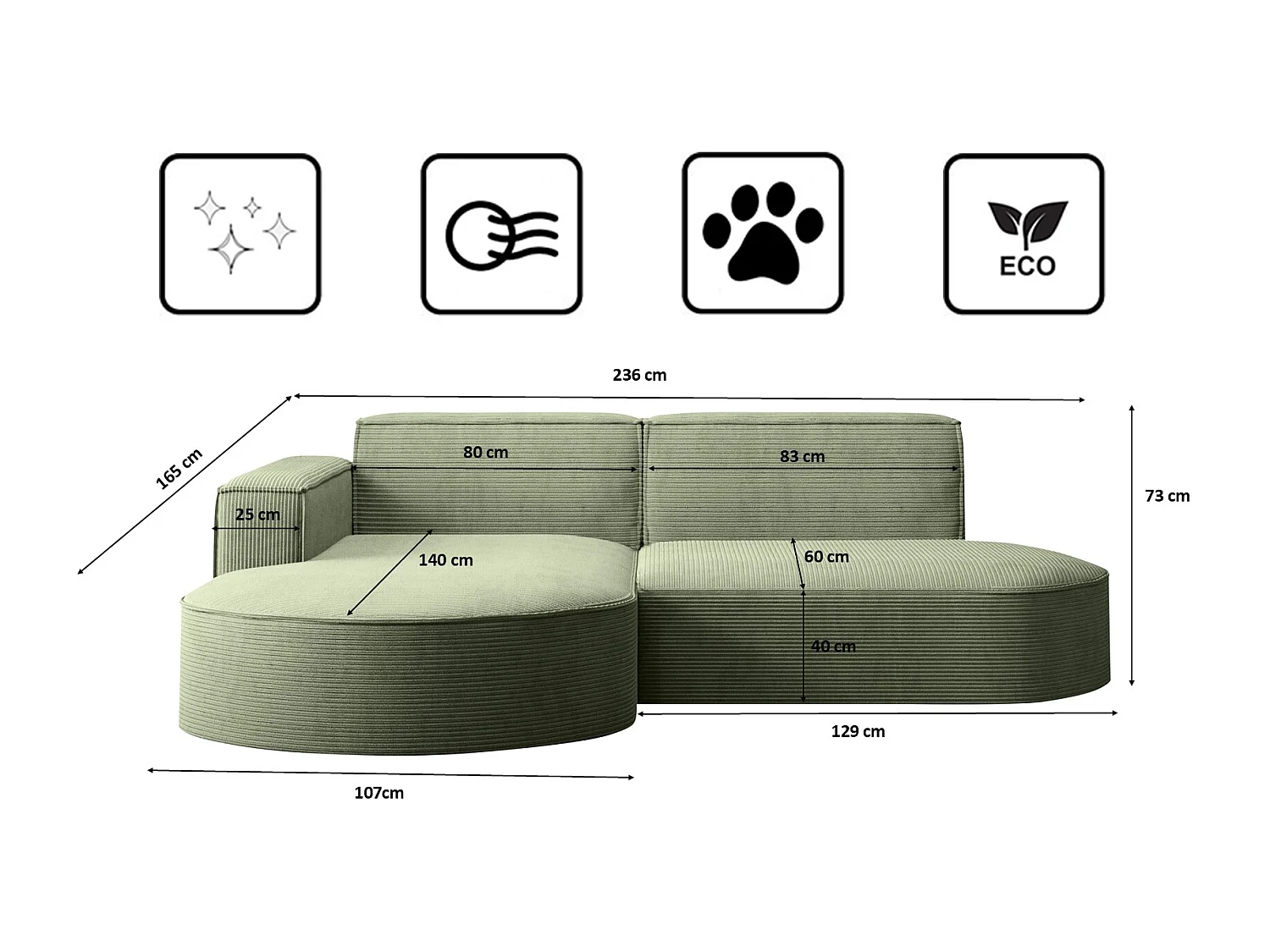 Canapé d'angle Designer MODENA STUDIO tissu Cordon épais Poso Vert Clair Gauche