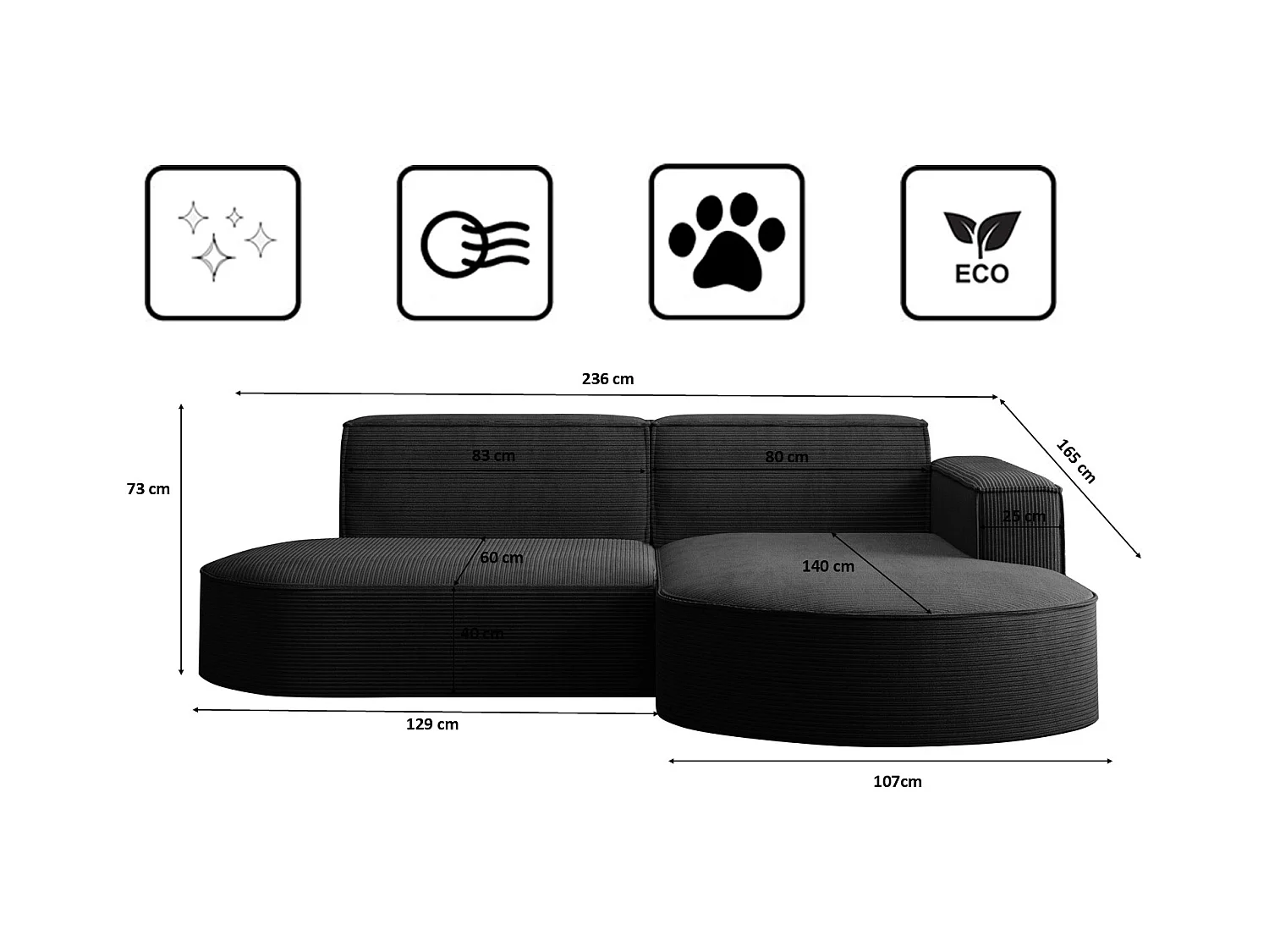 Ecksofa Designer MODENA STUDIO stoff Dicker cord Poso Schwarz Rechts