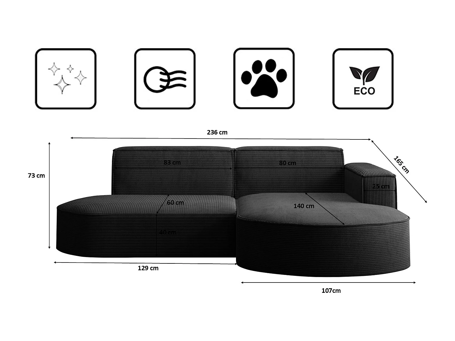 Ecksofa Designer MODENA STUDIO stoff Dicker cord Poso Schwarz Rechts