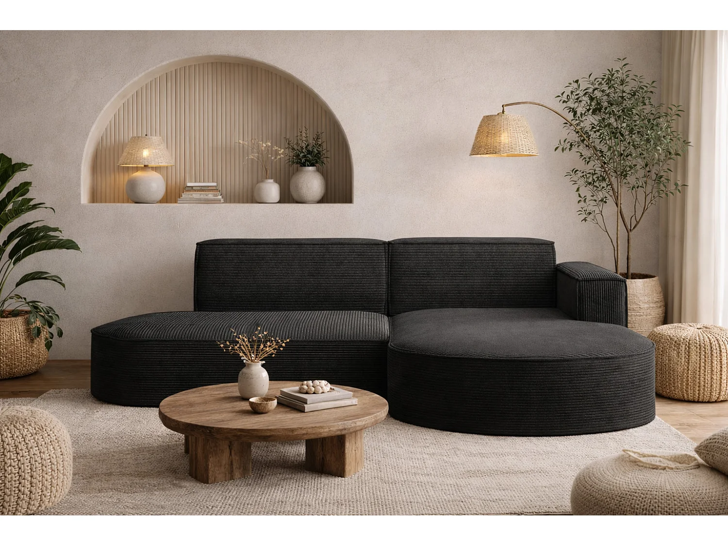 Canapé d'angle Designer MODENA STUDIO tissu Cordon épais Poso Noir Droit