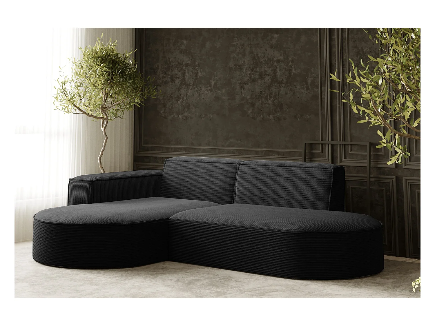 Ecksofa Designer MODENA STUDIO stoff Dicker cord Poso Schwarz Links