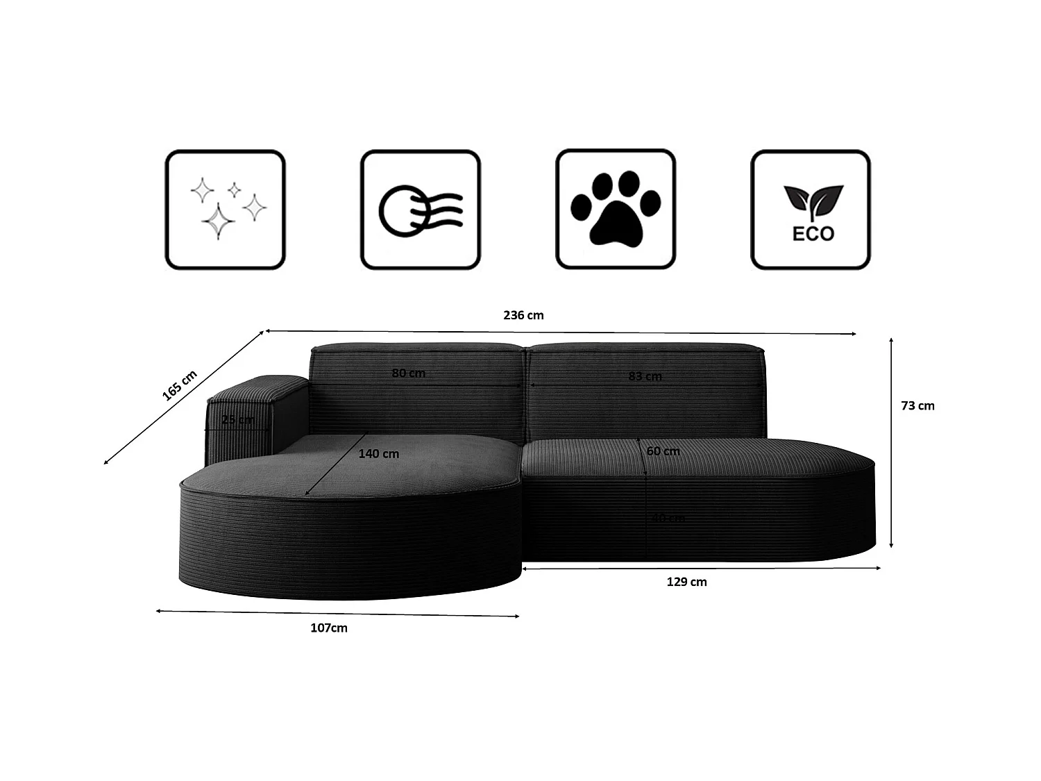 Ecksofa Designer MODENA STUDIO stoff Dicker cord Poso Schwarz Links