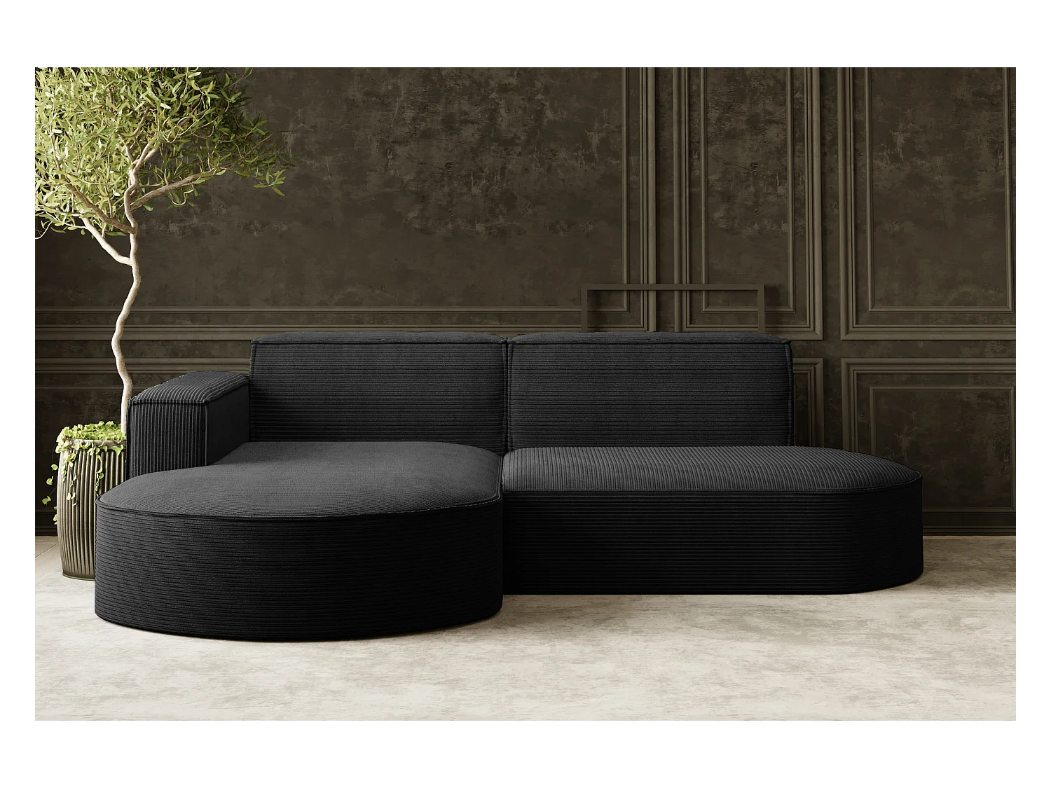 Canapé d'angle Designer MODENA STUDIO tissu Cordon épais Poso Noir Gauche