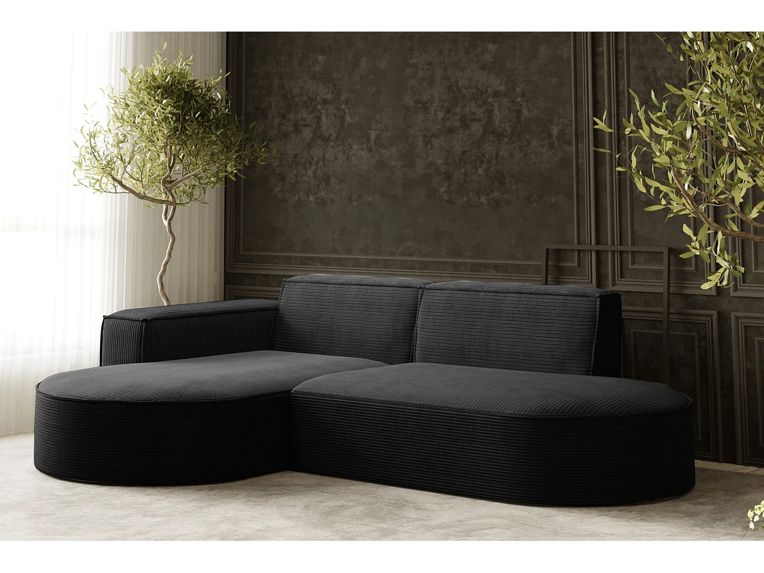 Canapé d'angle Designer MODENA STUDIO tissu Cordon épais Poso Noir Gauche