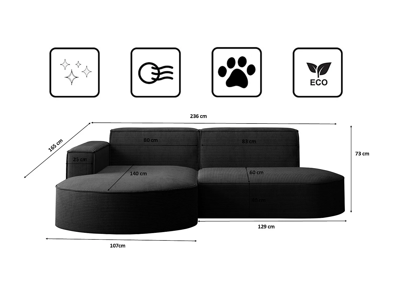 Canapé d'angle Designer MODENA STUDIO tissu Cordon épais Poso Noir Gauche