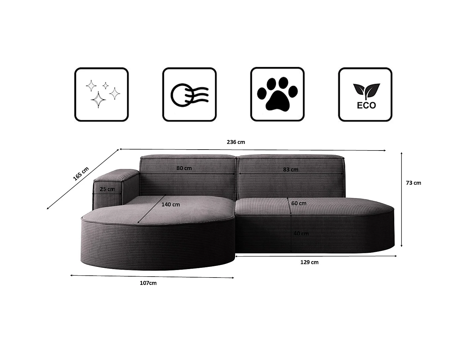 Ecksofa Designer MODENA STUDIO stoff Dicker cord Poso Dunkelgrau Links