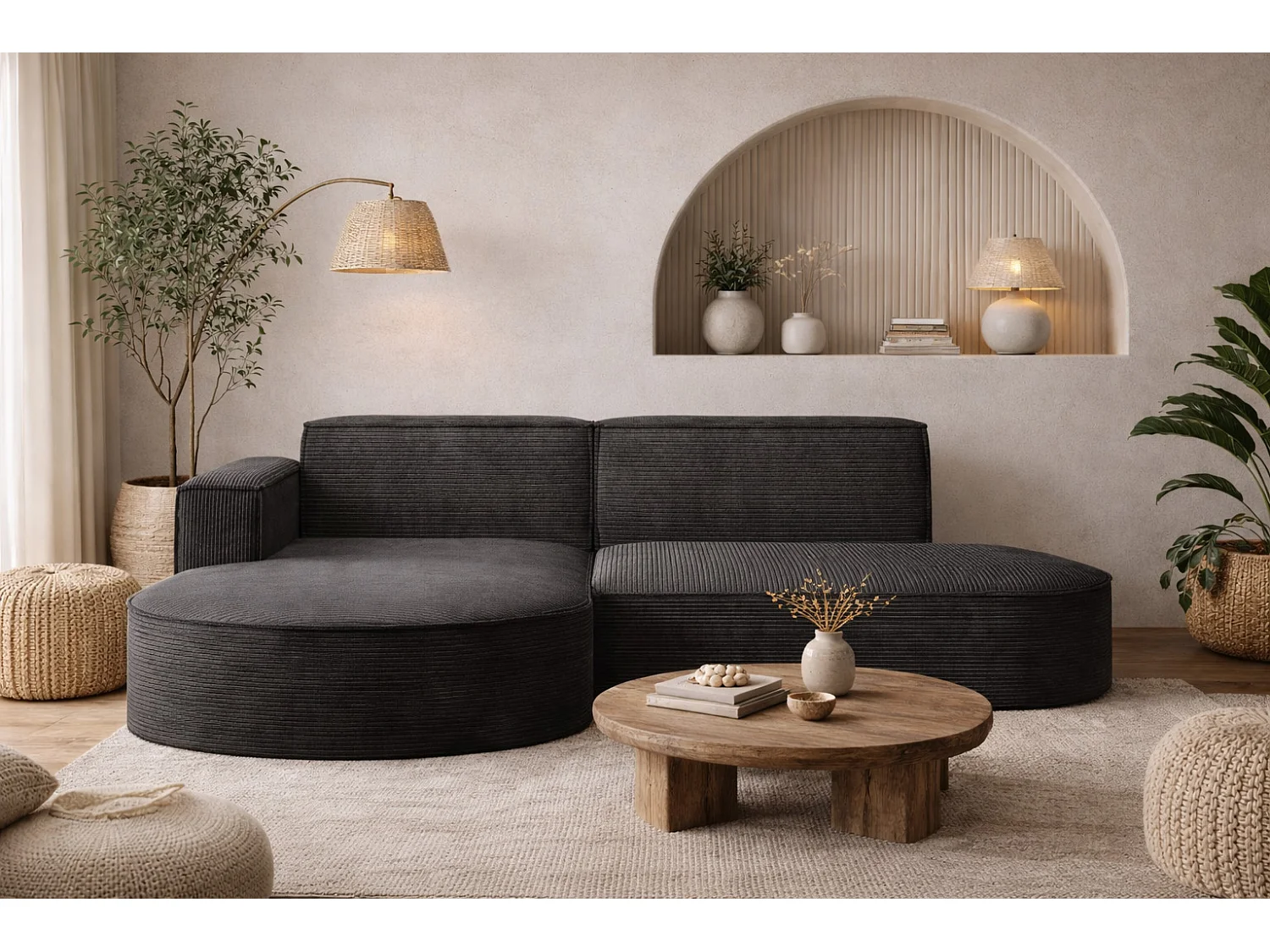 Canapé d'angle Designer MODENA STUDIO tissu Cordon épais Poso Gris Foncé Gauche