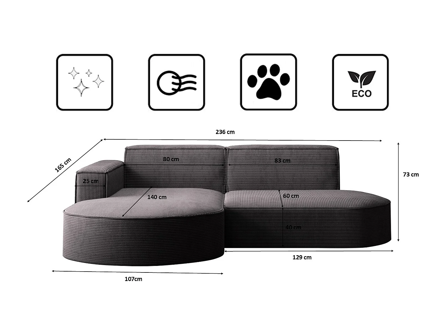 Canapé d'angle Designer MODENA STUDIO tissu Cordon épais Poso Gris Foncé Gauche