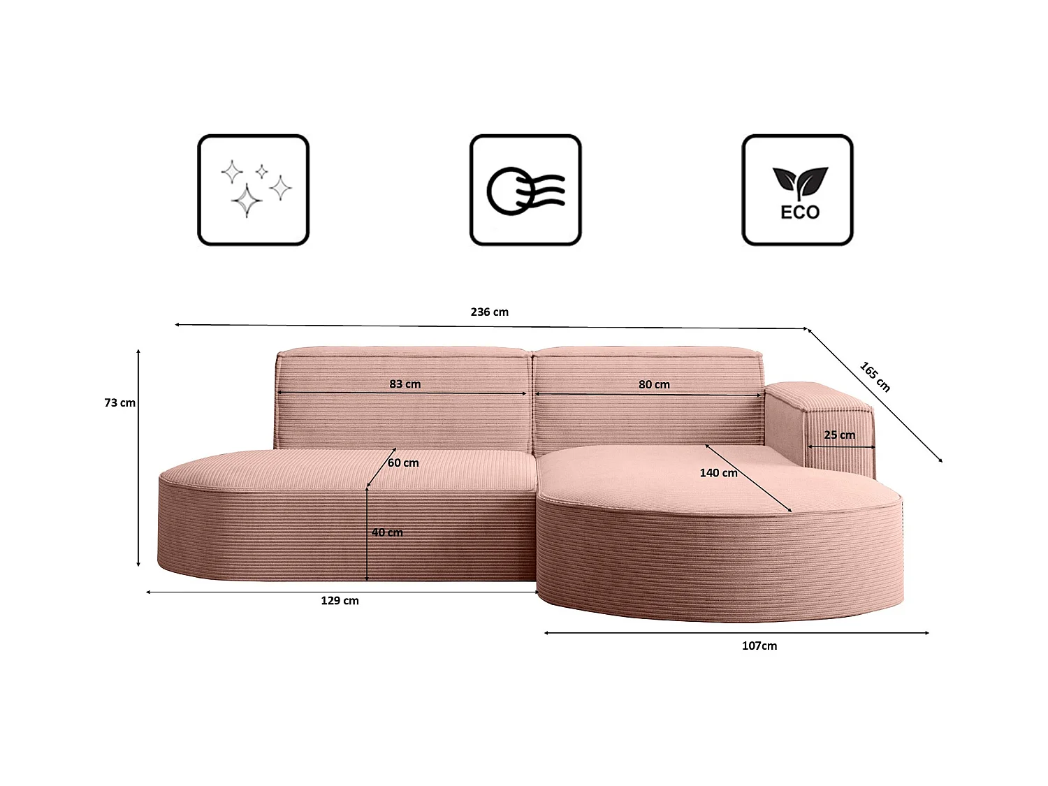 Ecksofa Designer MODENA STUDIO stoff Dicker cord Poso Rosa Rechts