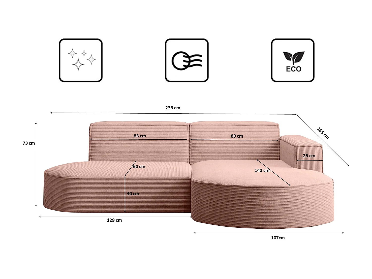 Canapé d'angle Designer MODENA STUDIO tissu Cordon épais Poso Rosa Droit