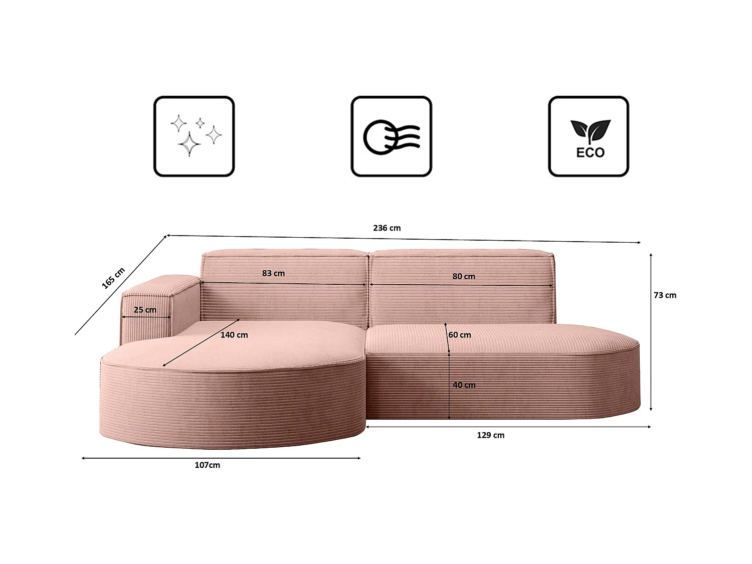 Ecksofa Designer MODENA STUDIO stoff Dicker cord Poso Rosa Links
