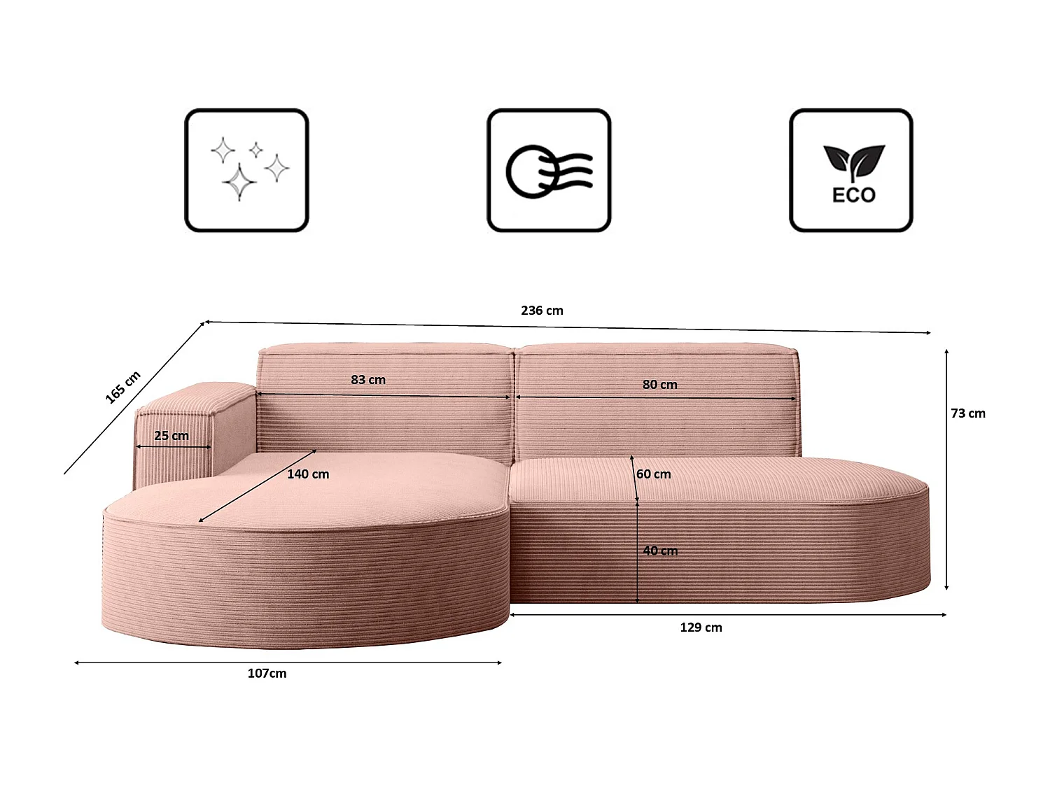 Canapé d'angle Designer MODENA STUDIO tissu Cordon épais Poso Rosa Gauche