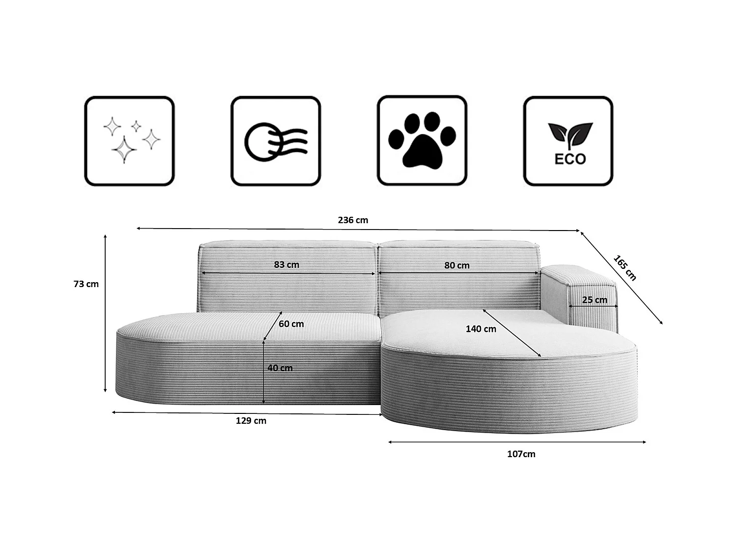 Ecksofa Designer MODENA STUDIO stoff Dicker cord Poso Hellgrau Rechts