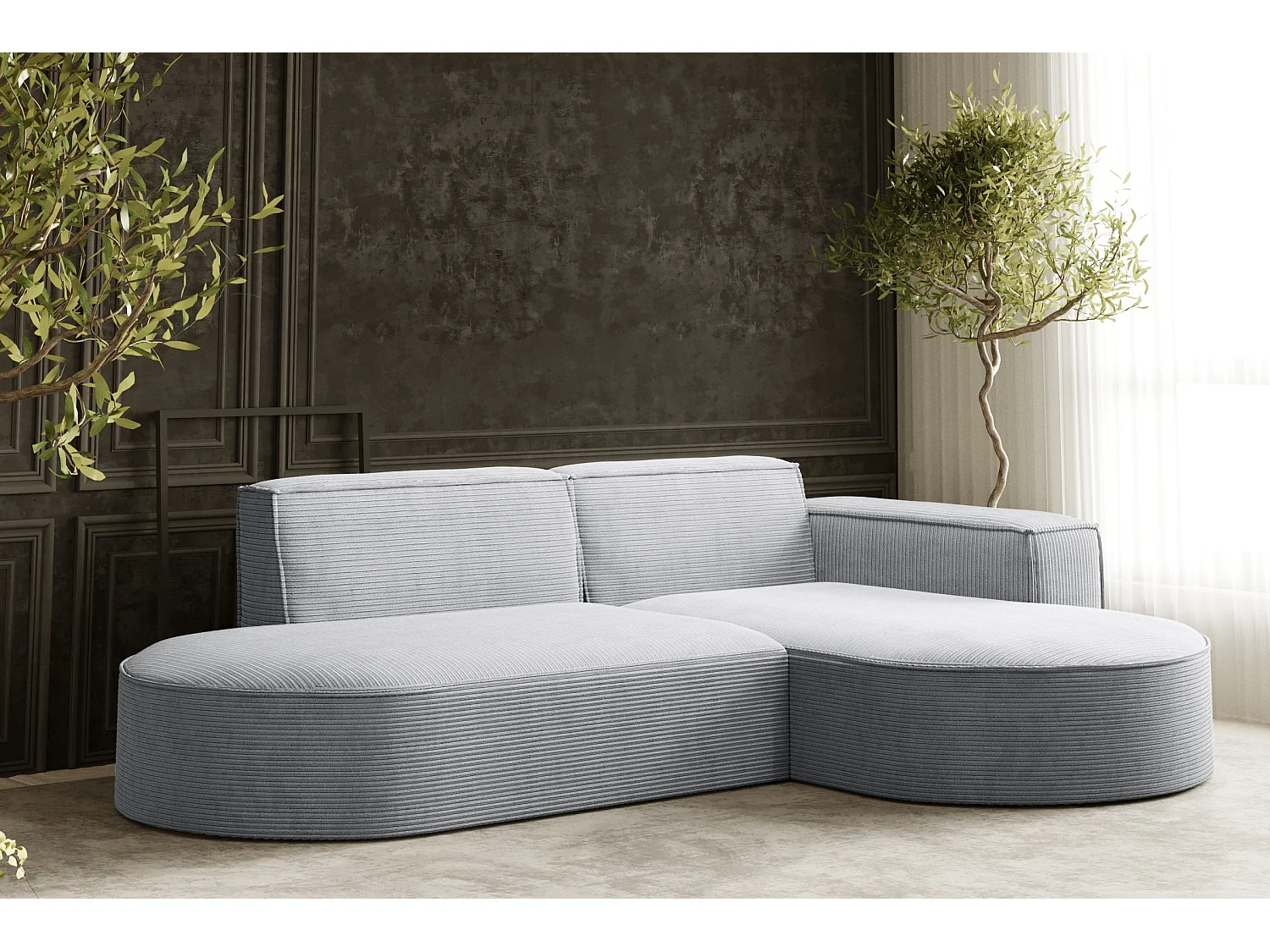 Canapé d'angle Designer MODENA STUDIO tissu Cordon épais Poso Gris Clair Droit