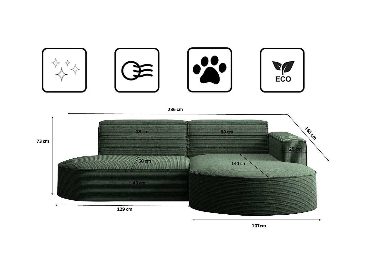 Ecksofa Designer MODENA STUDIO stoff Dicker cord Poso Dunkelgrün Rechts