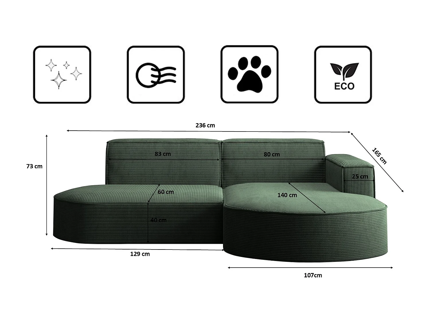 Ecksofa Designer MODENA STUDIO stoff Dicker cord Poso Dunkelgrün Rechts