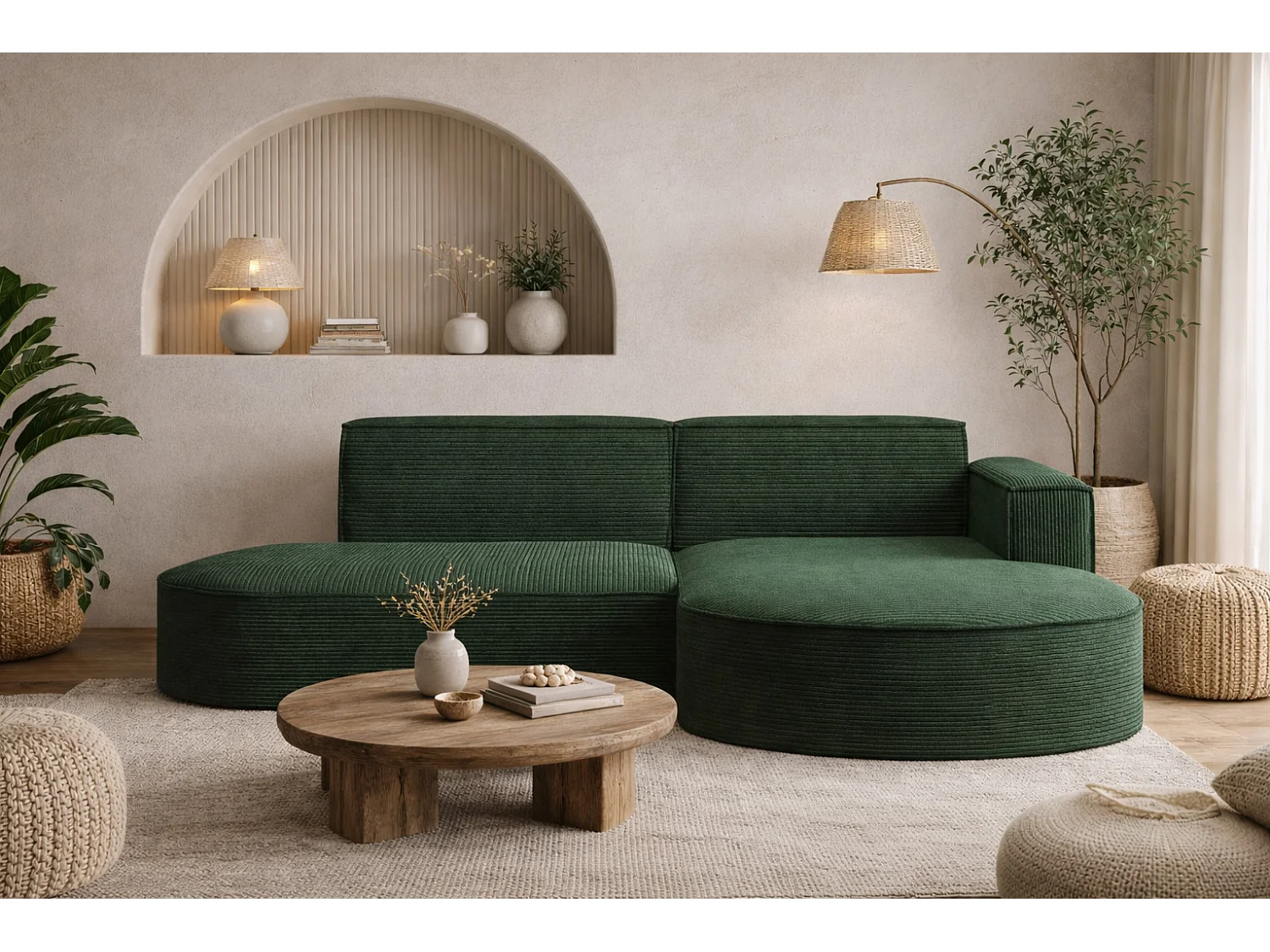 Canapé d'angle Designer MODENA STUDIO tissu Cordon épais Poso Vert Foncé Droit