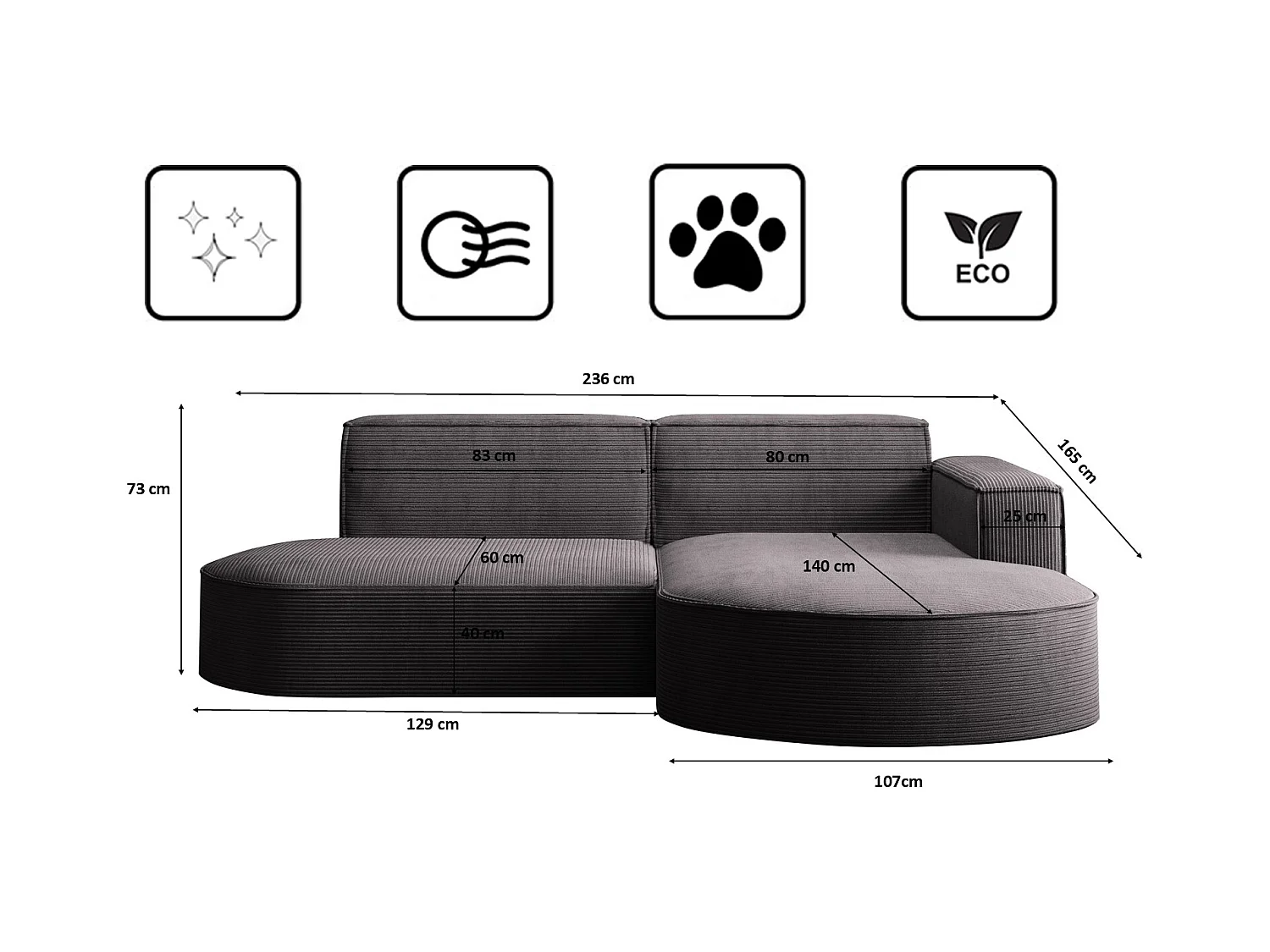 Canapé d'angle Designer MODENA STUDIO tissu Cordon épais Poso Gris Foncé Droit