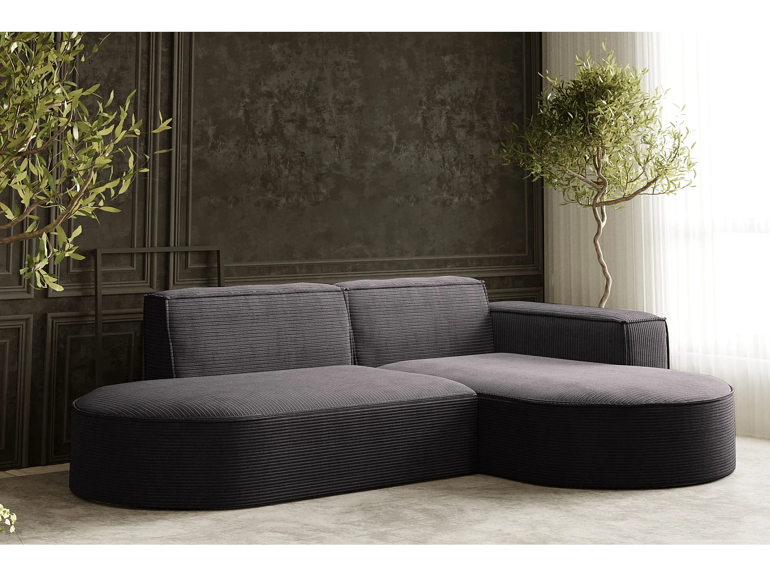 Canapé d'angle Designer MODENA STUDIO tissu Cordon épais Poso Gris Foncé Droit