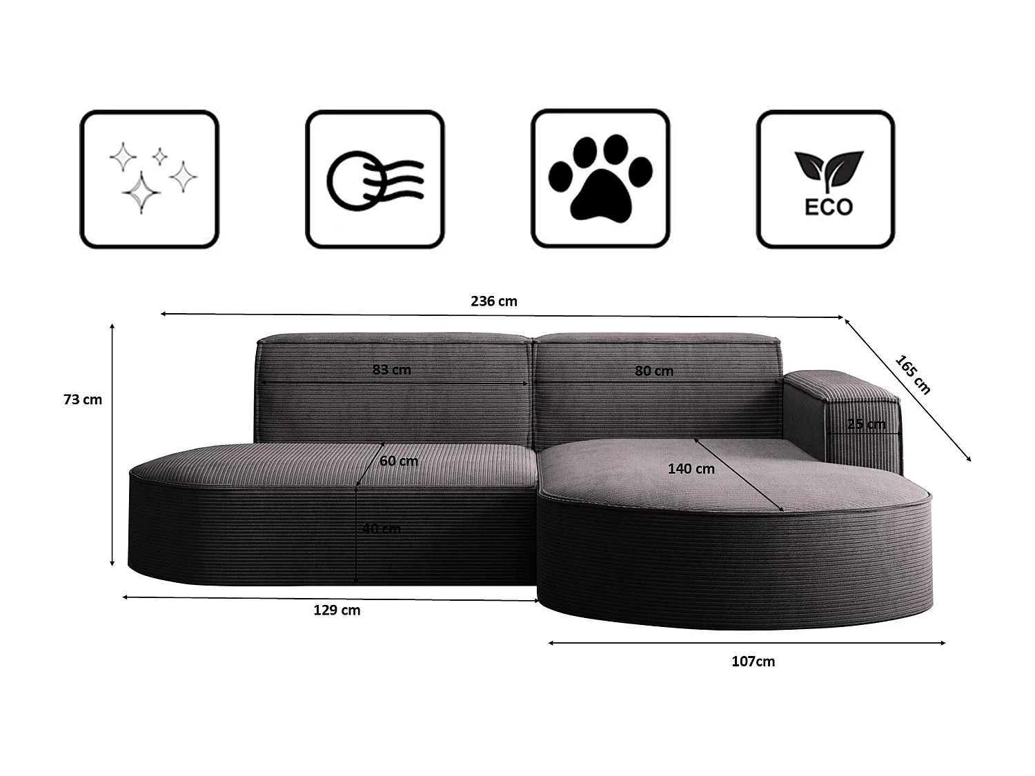 Canapé d'angle Designer MODENA STUDIO tissu Cordon épais Poso Gris Foncé Droit