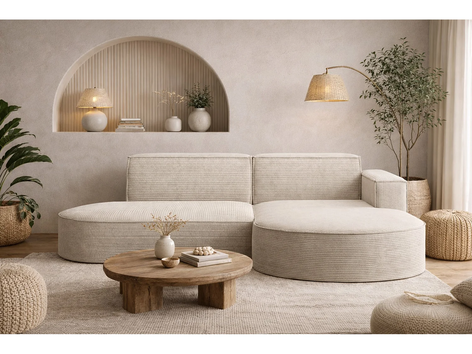 Ecksofa Designer MODENA STUDIO stoff Dicker cord Poso Ecru Rechts