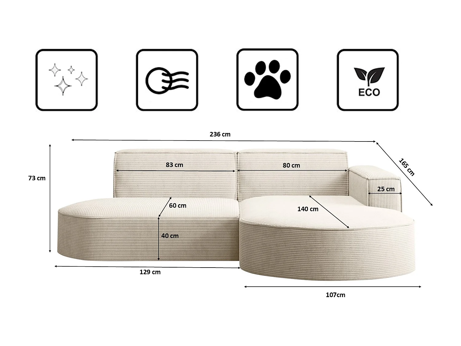 Ecksofa Designer MODENA STUDIO stoff Dicker cord Poso Ecru Rechts