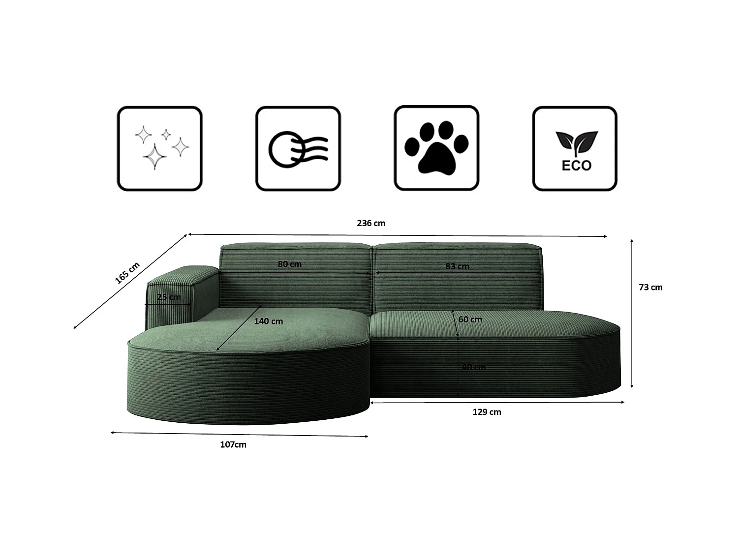 Ecksofa Designer MODENA STUDIO stoff Dicker cord Poso Dunkelgrün Links