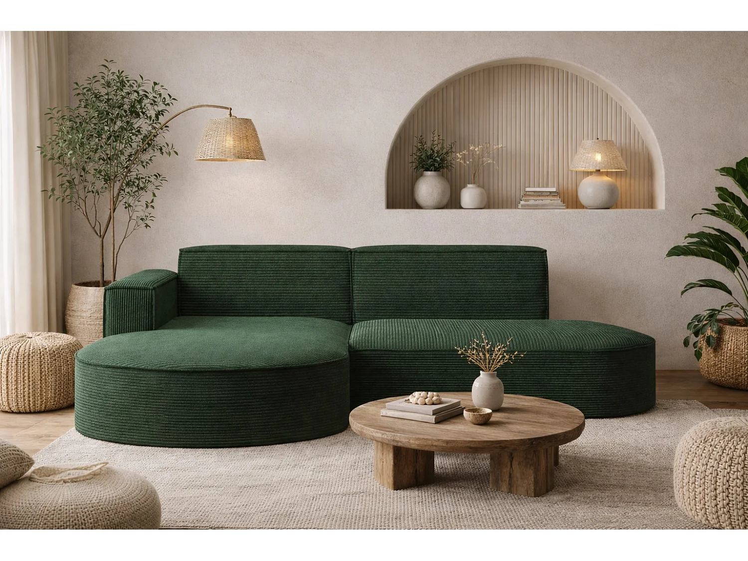 Canapé d'angle Designer MODENA STUDIO tissu Cordon épais Poso Vert Foncé Gauche