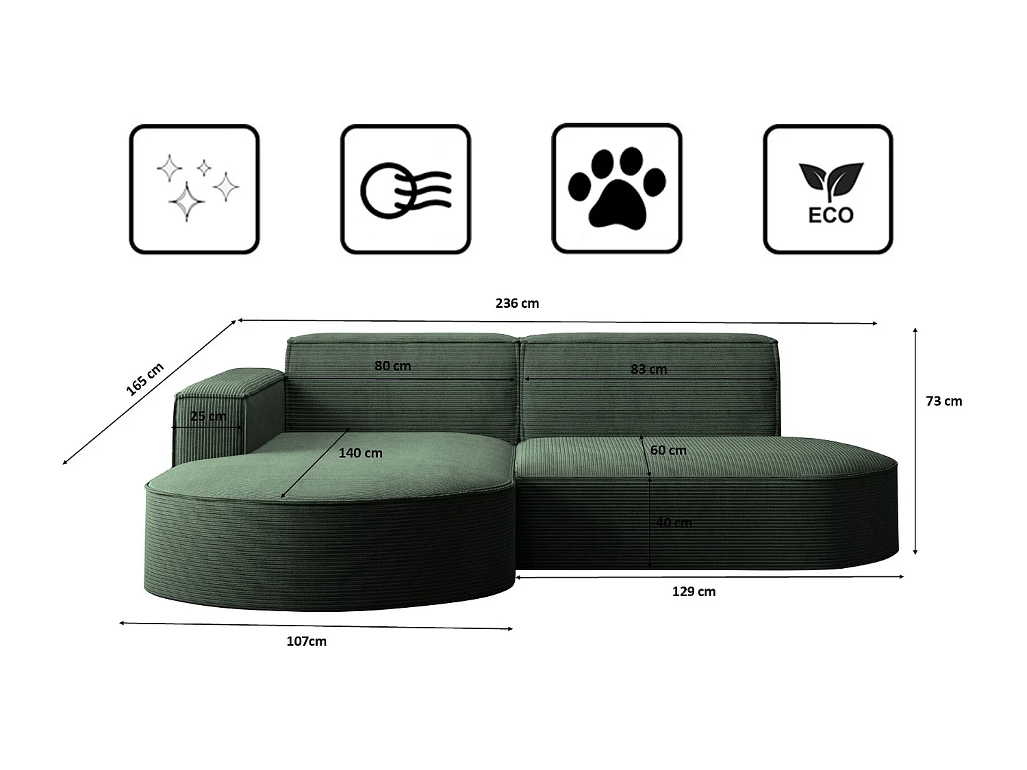 Canapé d'angle Designer MODENA STUDIO tissu Cordon épais Poso Vert Foncé Gauche