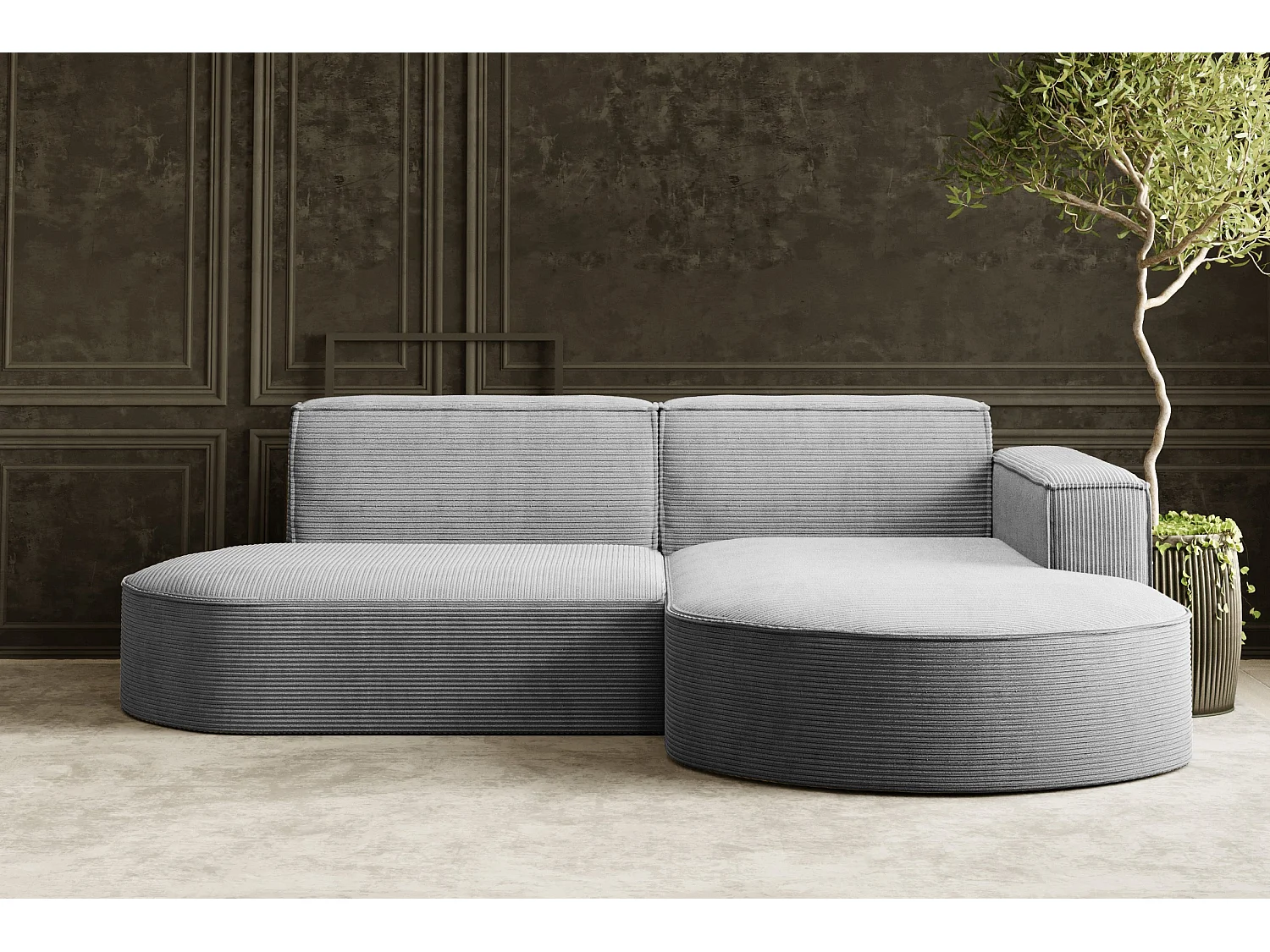 Ecksofa Designer MODENA STUDIO stoff Dicker cord Poso Silber Rechts
