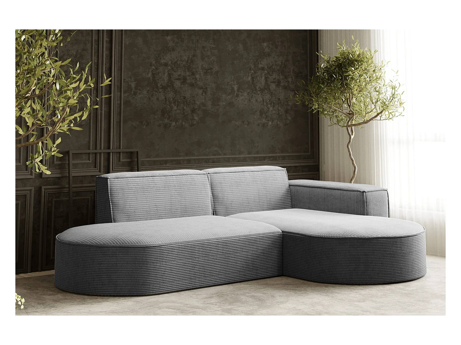Ecksofa Designer MODENA STUDIO stoff Dicker cord Poso Silber Rechts