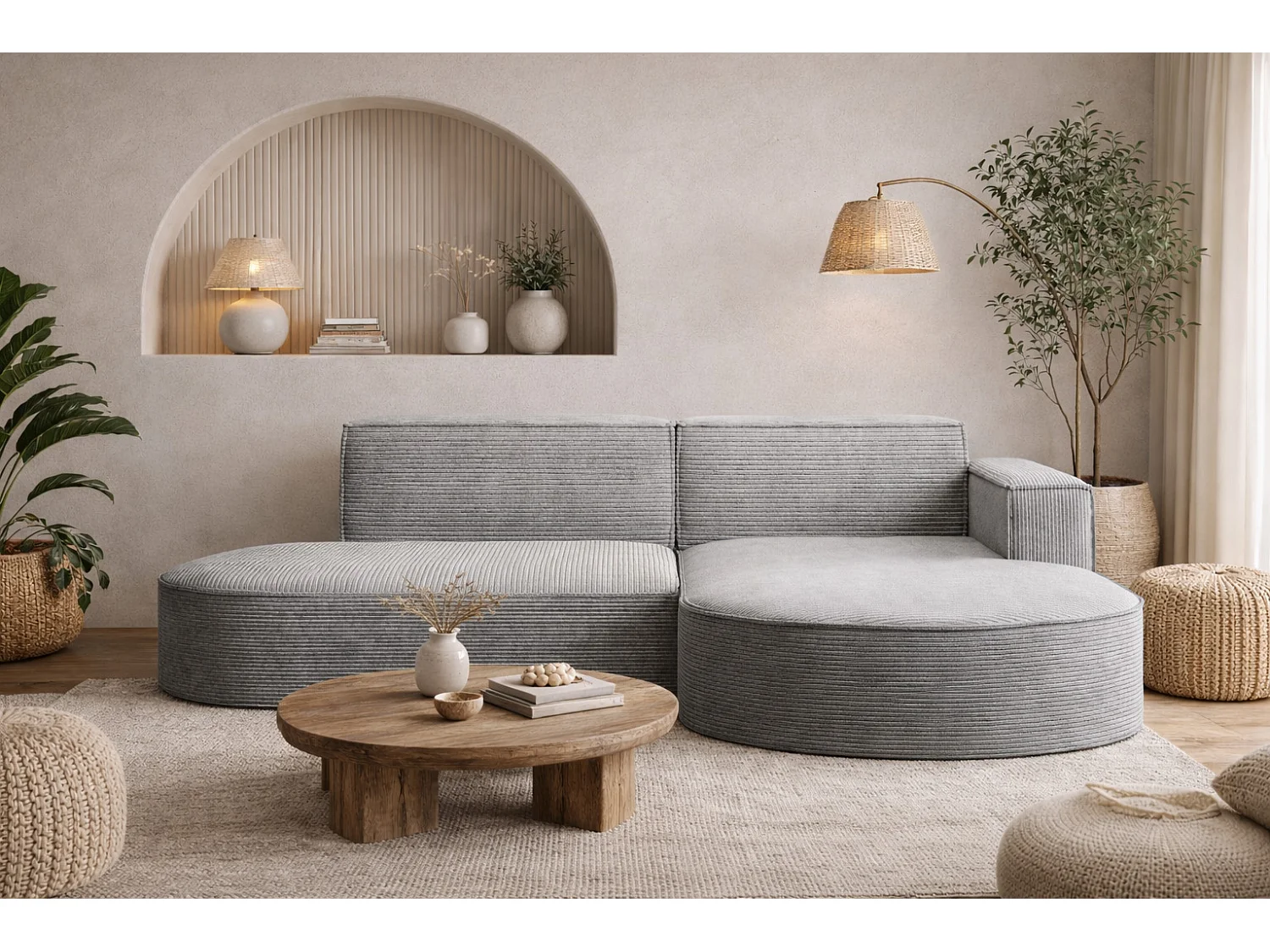 Canapé d'angle Designer MODENA STUDIO tissu Cordon épais Poso Silver Droit