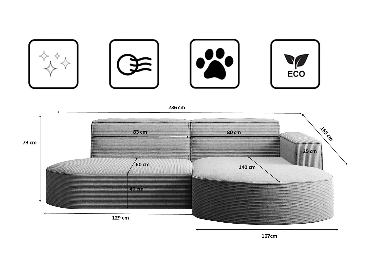 Canapé d'angle Designer MODENA STUDIO tissu Cordon épais Poso Silver Droit