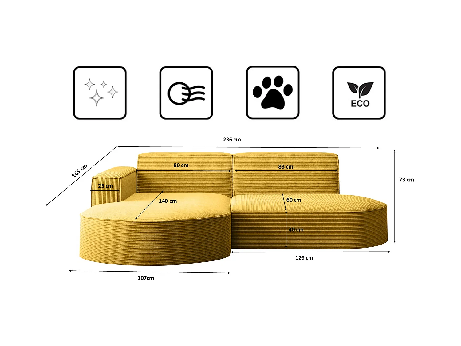 Ecksofa Designer MODENA STUDIO stoff Dicker cord Poso Gelb Links