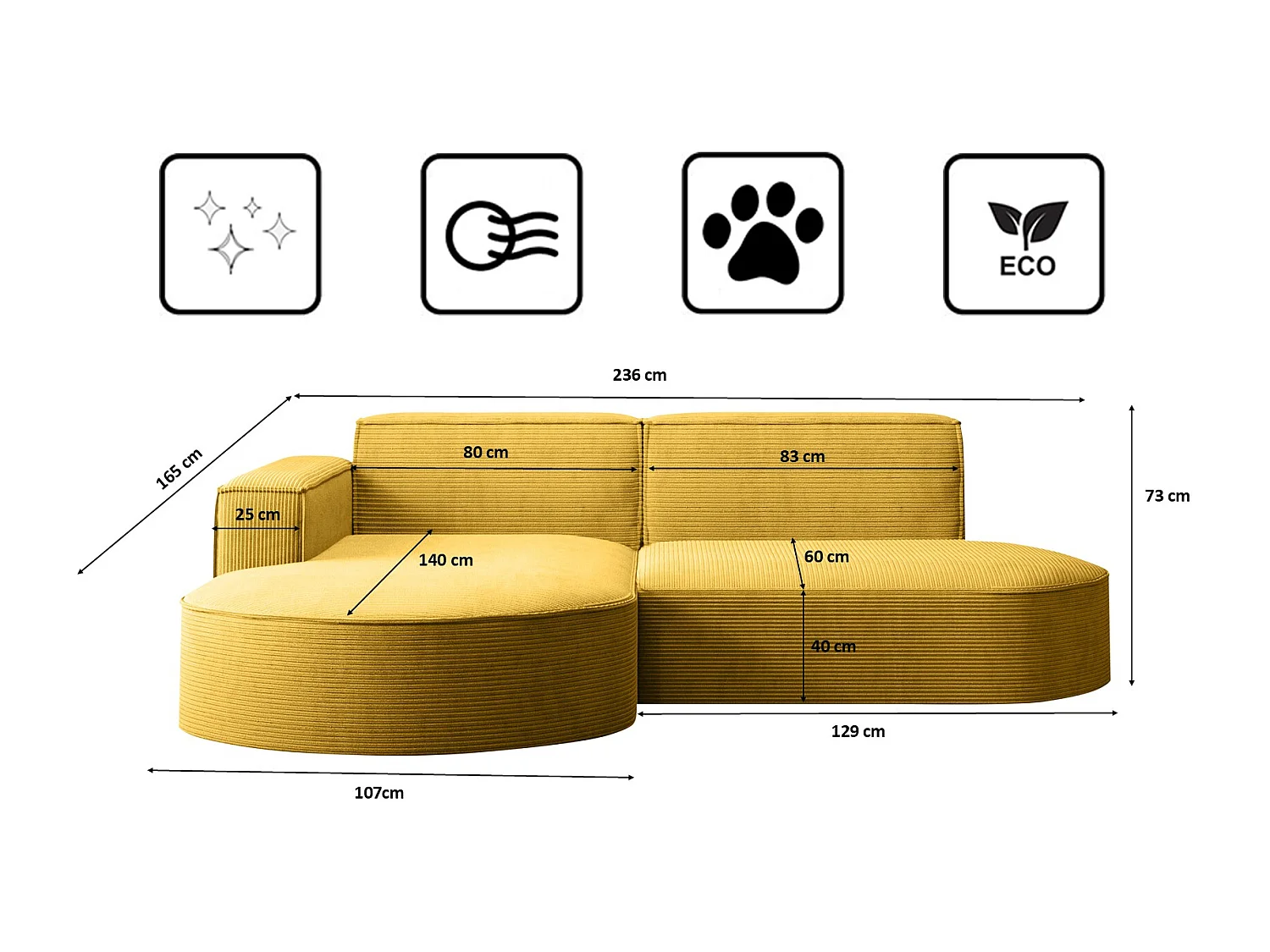 Canapé d'angle Designer MODENA STUDIO tissu Cordon épais Poso Jaune Gauche