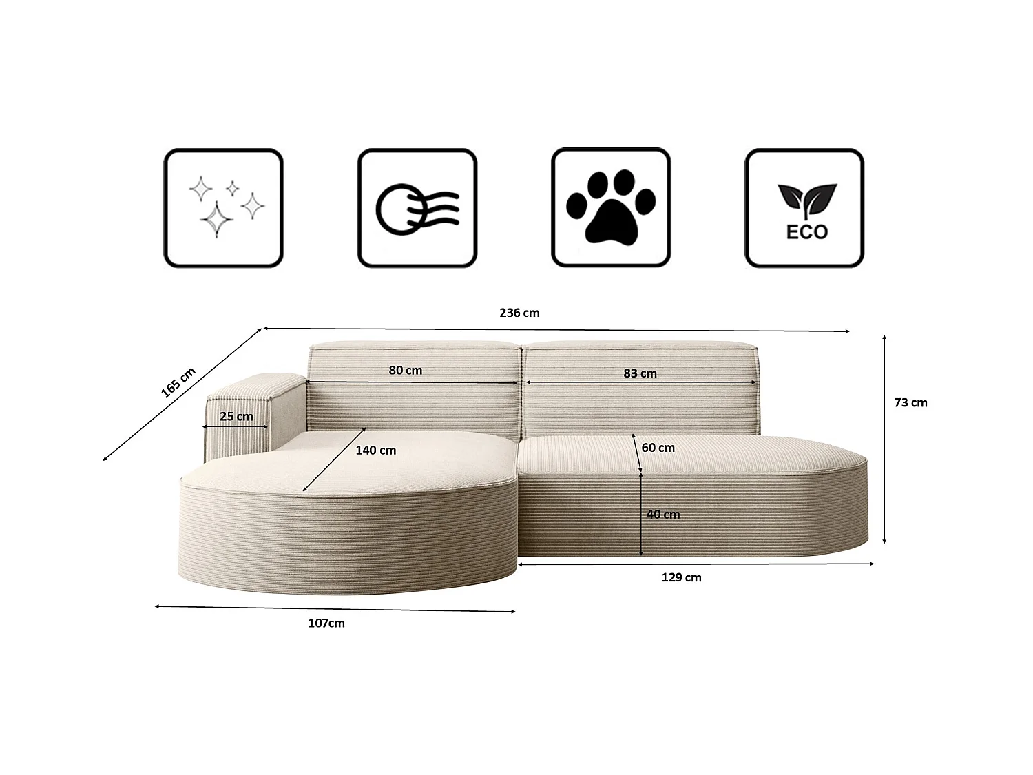 Ecksofa Designer MODENA STUDIO stoff Dicker cord Poso Beige Links