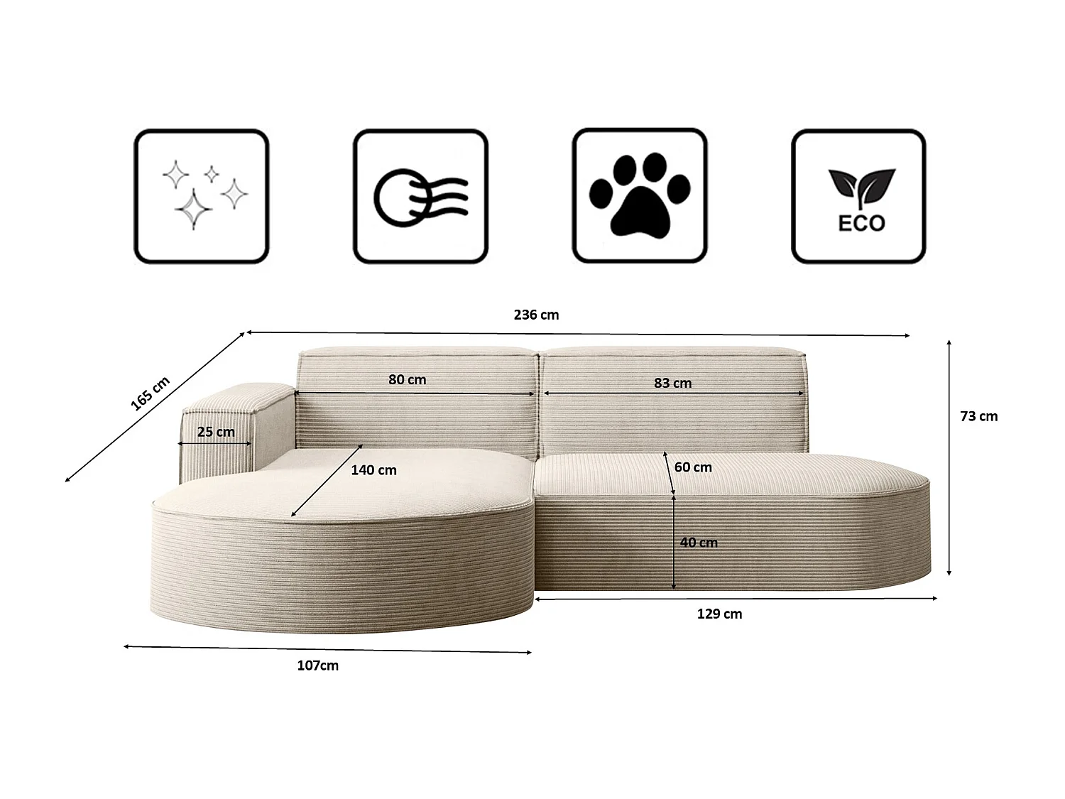 Canapé d'angle Designer MODENA STUDIO tissu Cordon épais Poso Beige Gauche