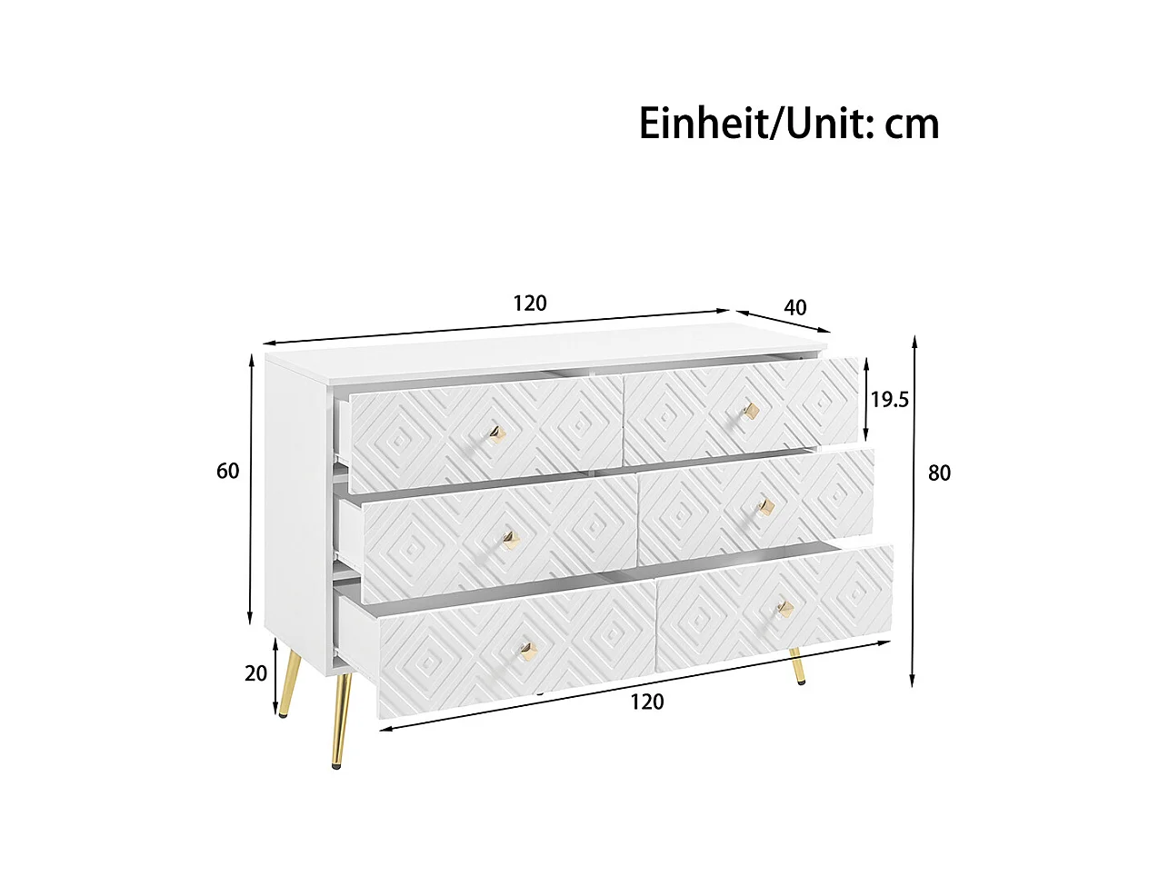Commode moderne 6 tiroirs pieds en métal pour chambre et salon blanc et doré design élégant