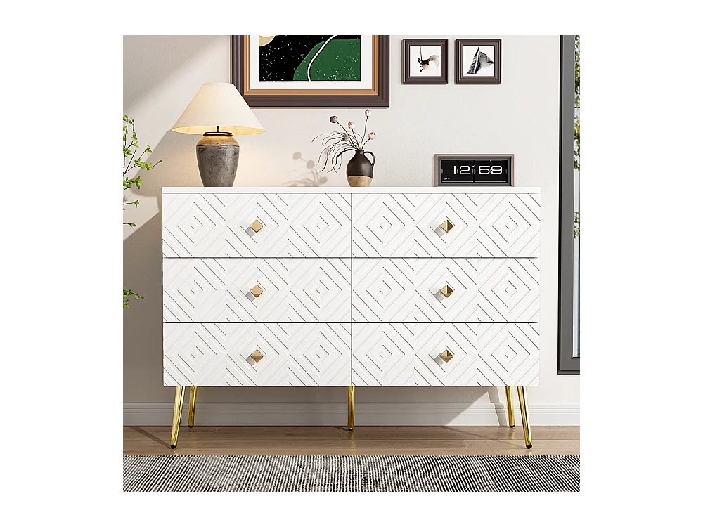 Commode moderne 6 tiroirs pieds en métal pour chambre et salon blanc et doré design élégant