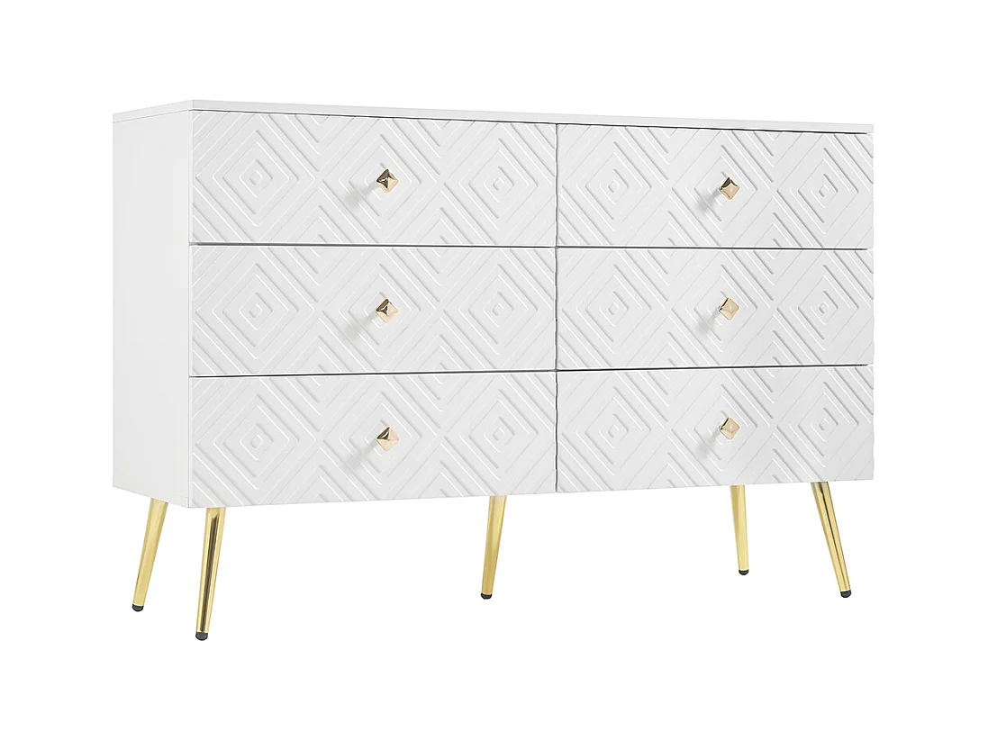 Commode moderne 6 tiroirs pieds en métal pour chambre et salon blanc et doré design élégant