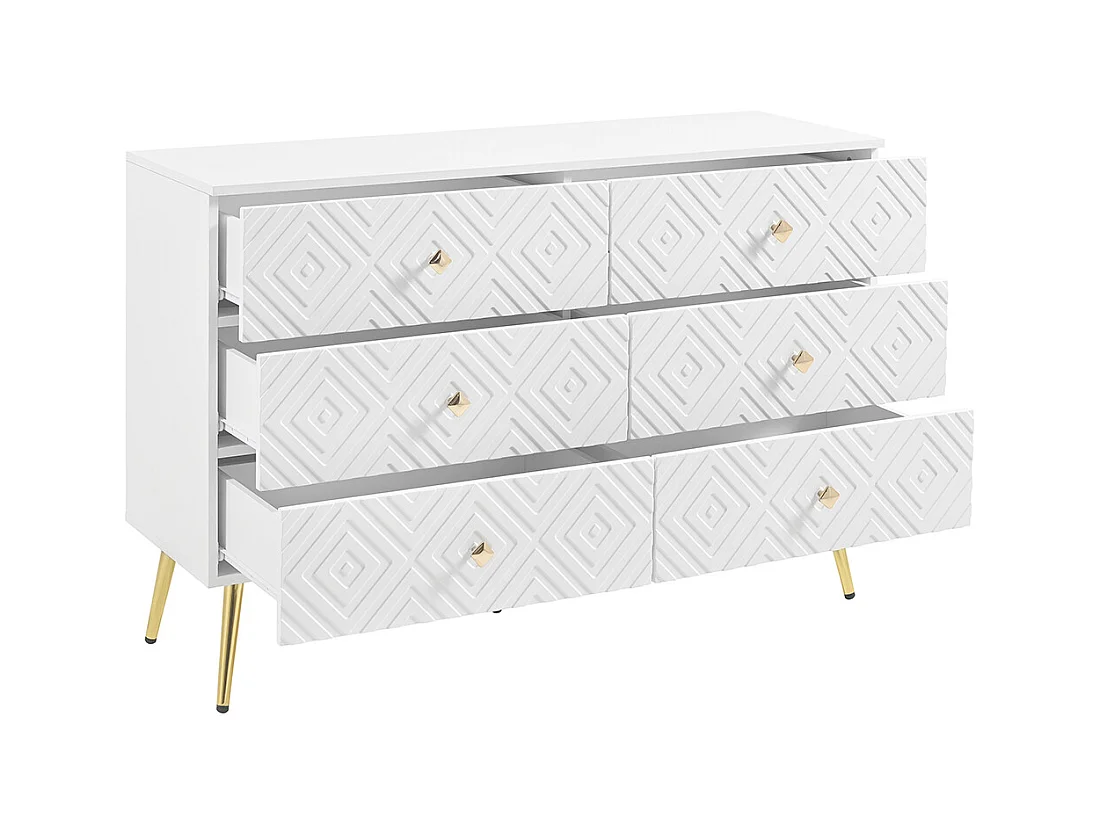 Commode moderne 6 tiroirs pieds en métal pour chambre et salon blanc et doré design élégant