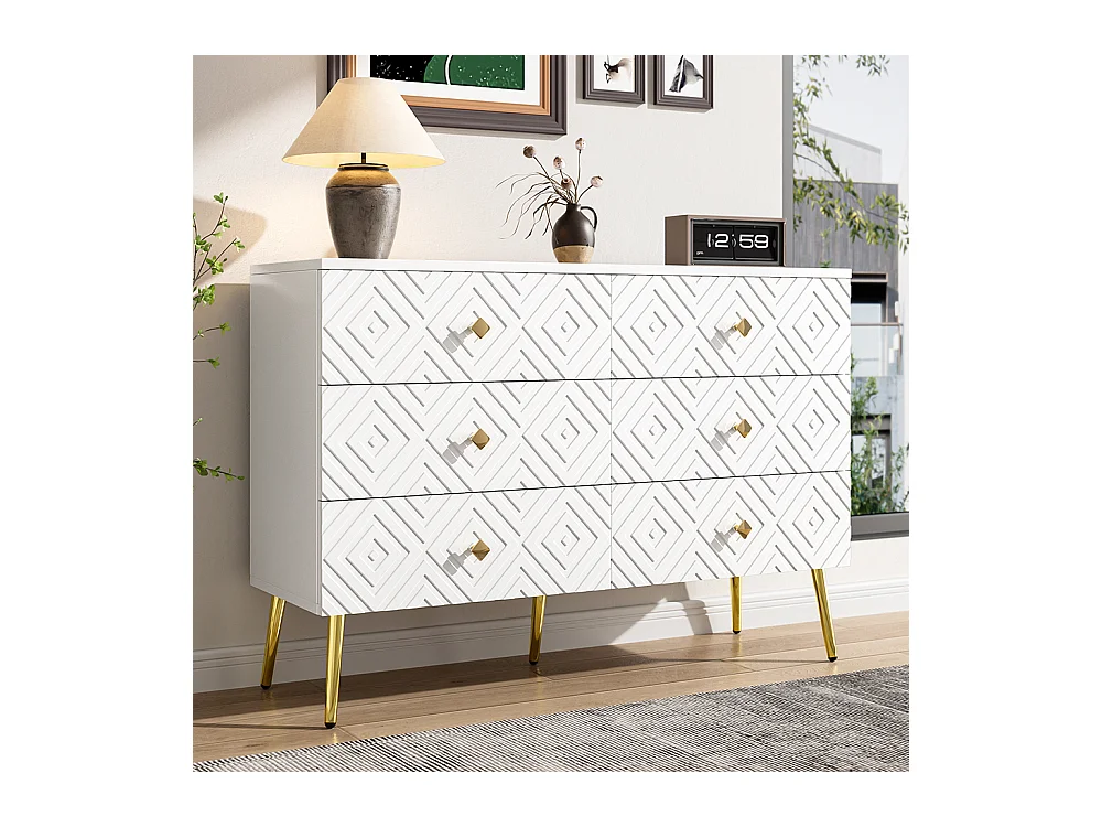 Commode moderne 6 tiroirs pieds en métal pour chambre et salon blanc et doré design élégant