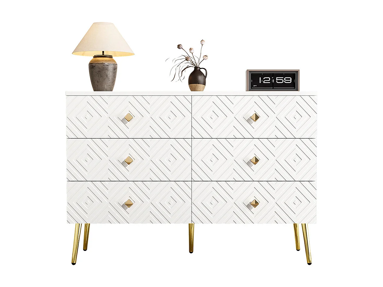 Commode moderne 6 tiroirs pieds en métal pour chambre et salon blanc et doré design élégant
