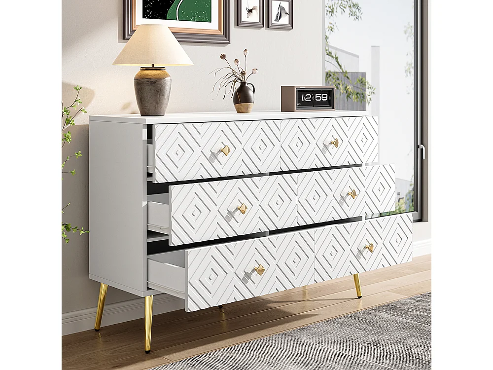 Commode moderne 6 tiroirs pieds en métal pour chambre et salon blanc et doré design élégant