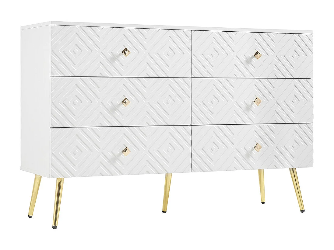 Commode moderne 6 tiroirs pieds en métal pour chambre et salon blanc et doré design élégant