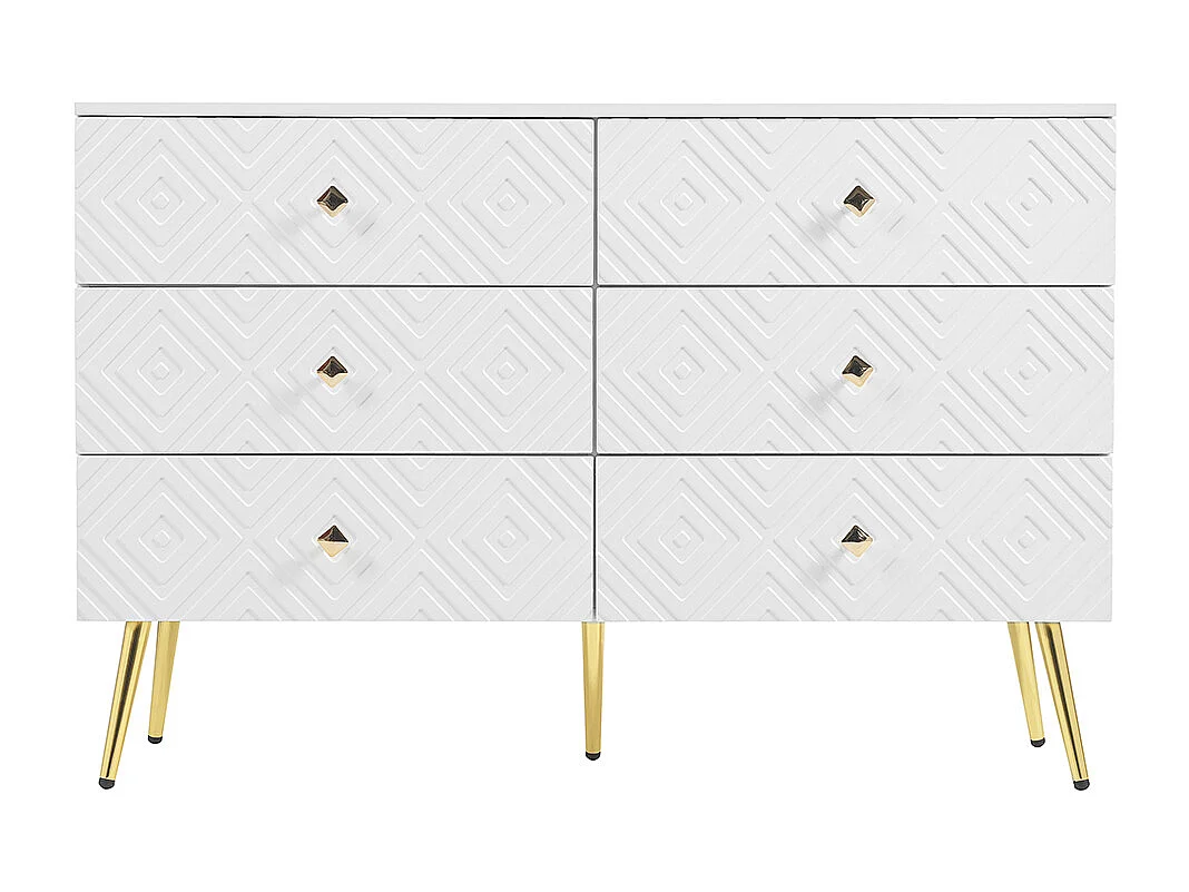 Commode moderne 6 tiroirs pieds en métal pour chambre et salon blanc et doré design élégant