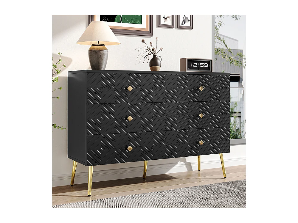 Commode moderne 6 tiroirs pieds en métal pour chambre et salon noir et doré design élégant
