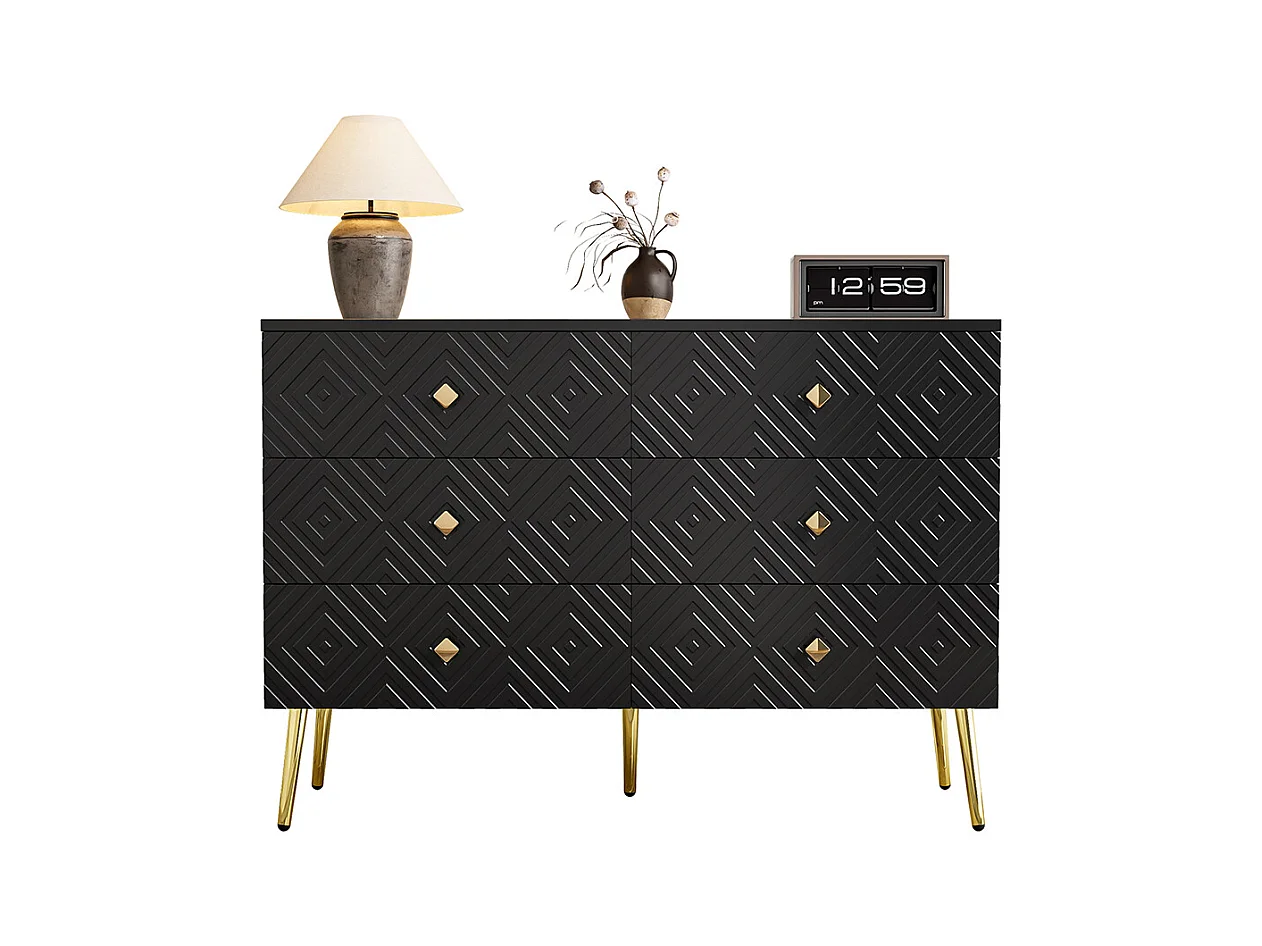 Commode moderne 6 tiroirs pieds en métal pour chambre et salon noir et doré design élégant