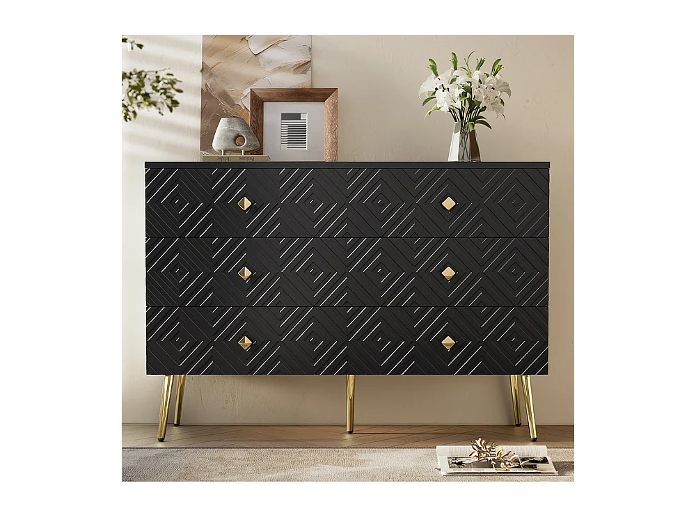 Commode moderne 6 tiroirs pieds en métal pour chambre et salon noir et doré design élégant