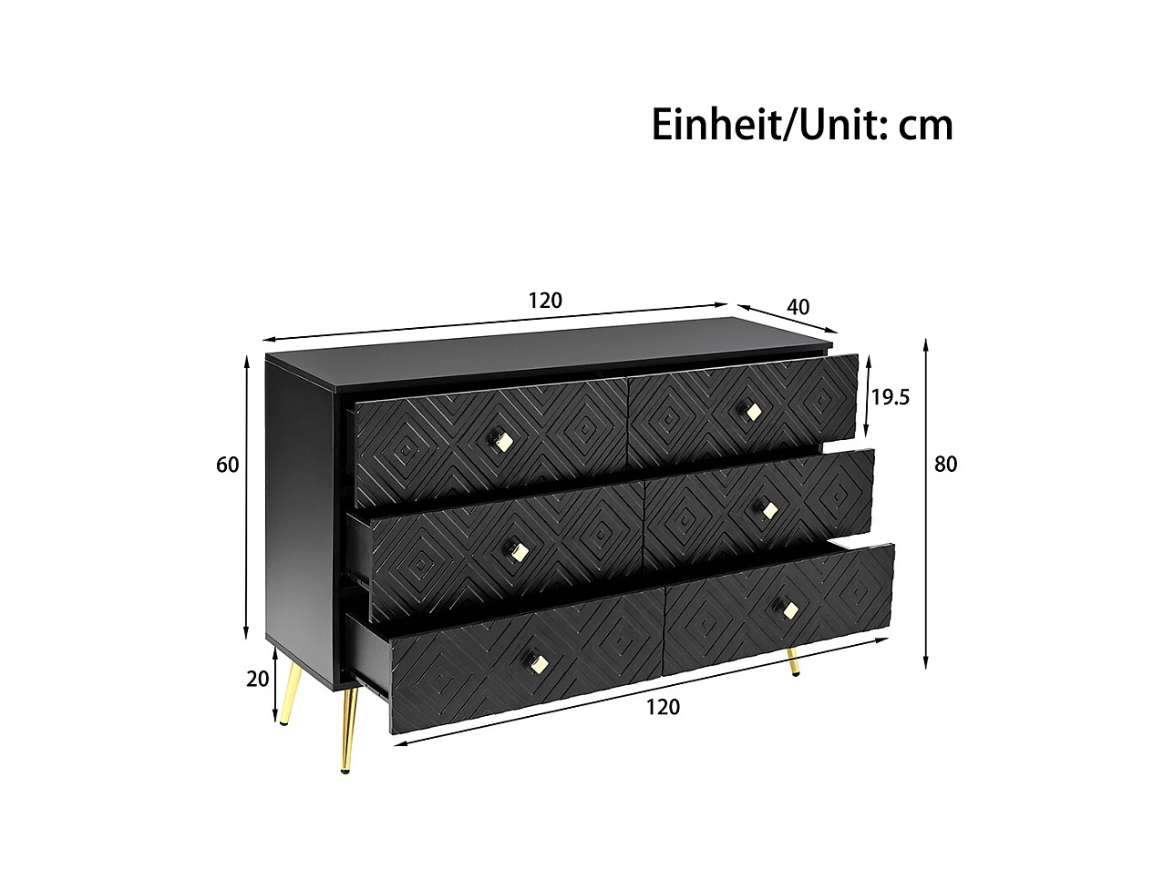 Commode moderne 6 tiroirs pieds en métal pour chambre et salon noir et doré design élégant